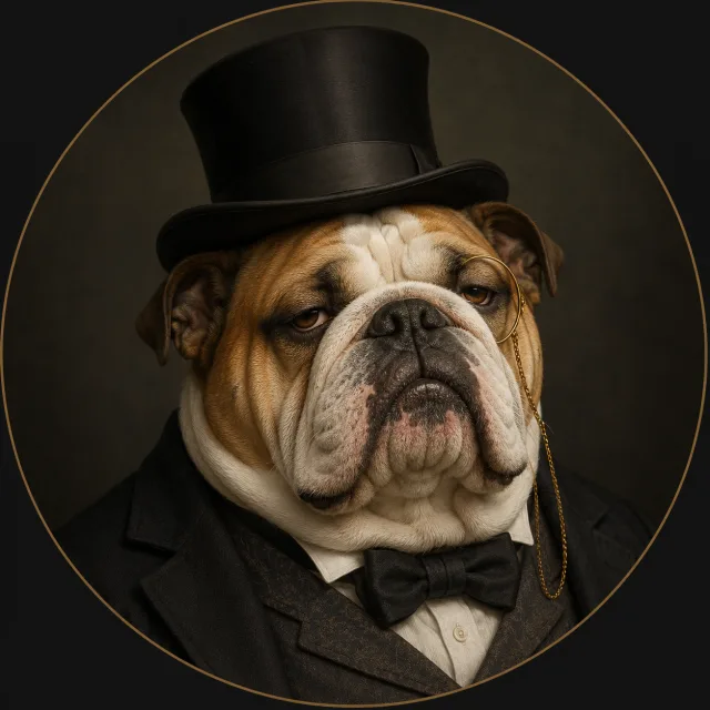 Albert's portrait: a bulldog in a top hat and monocle